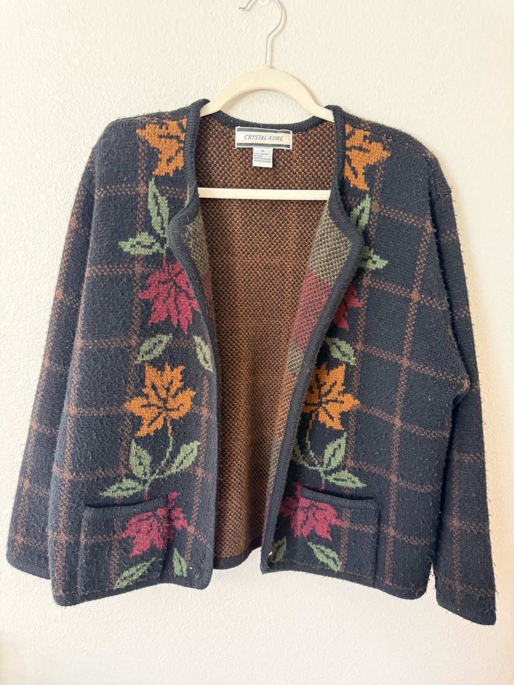 Vintage Crystal-Kobe Fall Leaf Open Front Cardigan Sweater XL Cottagecore